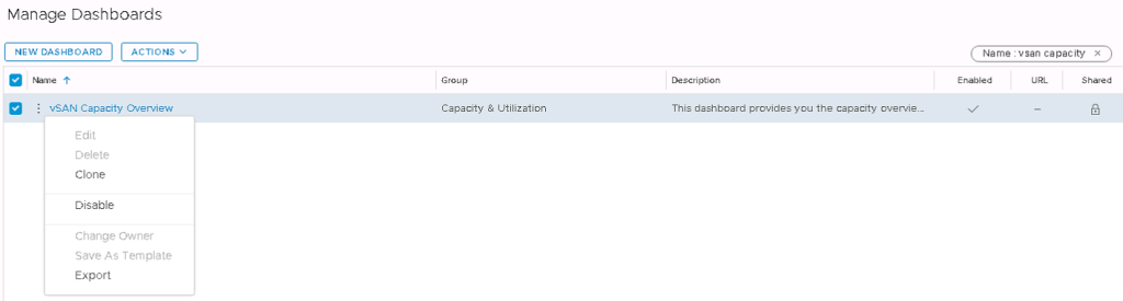 Machine generated alternative text:
Manage Dashboards Niame vSAN Capacity Overview Edit Delete Clone Disable Change Owner Save As Template Export Group Cepecity Utilization Description This dashboard provides you the capacity oven.'ie__ Name : vsan capaciW' •x Shared 