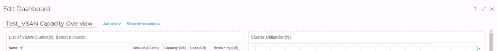Machine generated alternative text:
Edit Dashboard Test_VSAN Capacity Overview List of vSAN Cluster(s). Select a cluster. Actions v Show Interactions & Comp. Capacity (G3) Used (GB) Cluster Remaining (GB) 