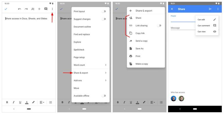 Screenshot of each step described in Google Docs app on Android.