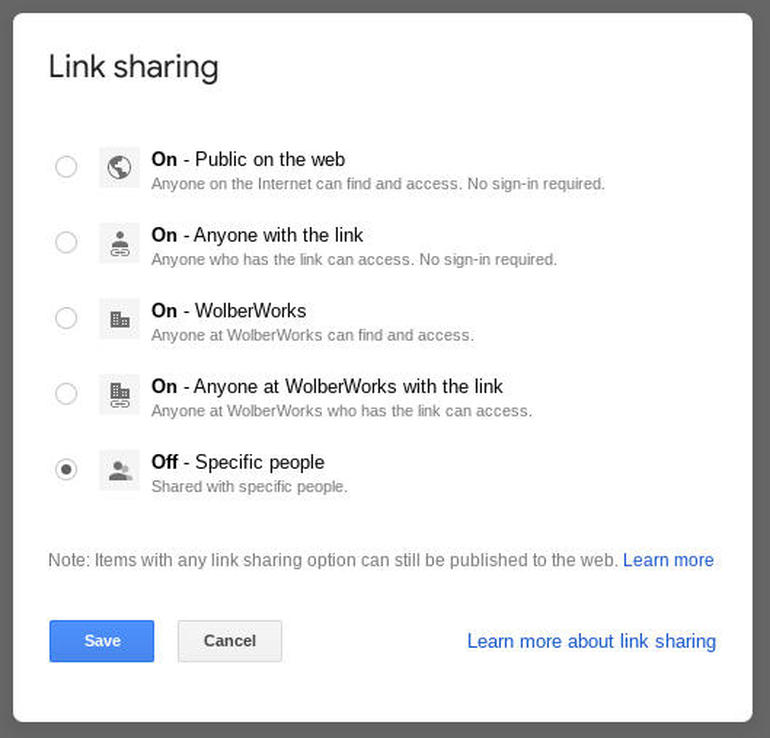 Screenshot shows 5 options: Public on the web, Anyone with the link, Anyone in the organization, Anyone in the organization with the link, or only Specific people.