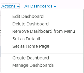 Machine generated alternative text:
Actions All Dashboards v Edit Dashboard Delete Dashboard Remove Dashboard from Menu Set as Default Set as Home Page Create Dashboard Manage Dashboards 