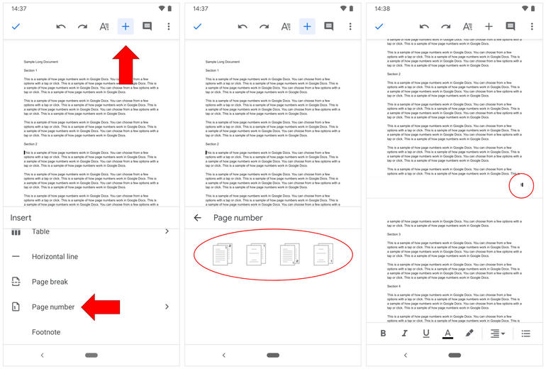 Three screenshots that illustrate the sequence: (left) + and then Page number, (middle) the four format options, (right) page number displayed.