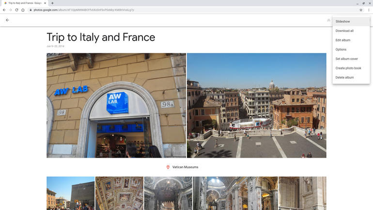 Screenshot of photo album ("Trip to Italy and France") with menu in upper right showing Slideshow (and other menu items).