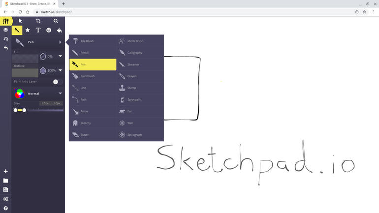 Screenshot of Sketchpad, with main Pen menu open and word Sketchpad.io hand-drawn on screen.
