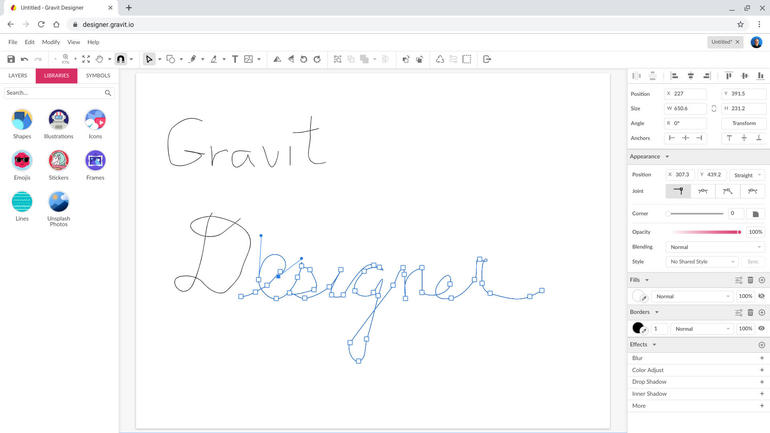 Screenshot of Gravit Design, with vector points in a hand-drawn word "Designer" active and shown as small circles, which may be moved.