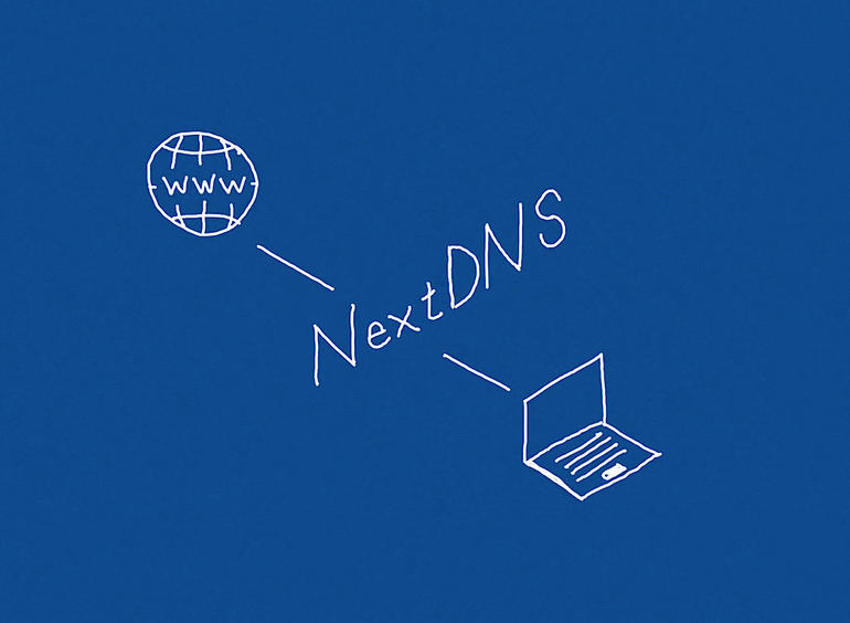 Handdrawn laptop with line to word "NextDNS" with line to globe with "www" in it (www internet symbol)