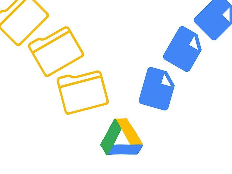 Google Drive logo (center, bottom), with three icons of folders at varying angles arced (above it to the left), and three icons of a document (arced above it to the right)