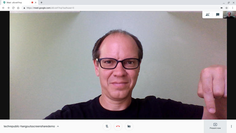 Screenshot of Hangouts Meet shows author pointing to lower right corner "Present now" button
