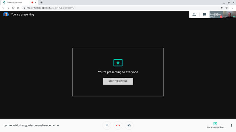 Screenshot of Hangouts Meet "Stop presenting" button to select to end screen sharing