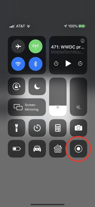 Shows iOS Control Center, with Screen Recording circled (in lowest right corner)