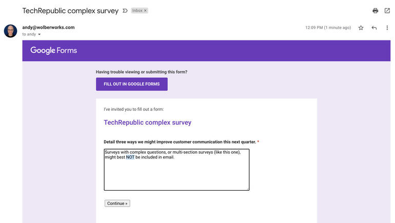 Screenshot of email from Google Forms, with "Continue" button displayed after a single, free form long text box.