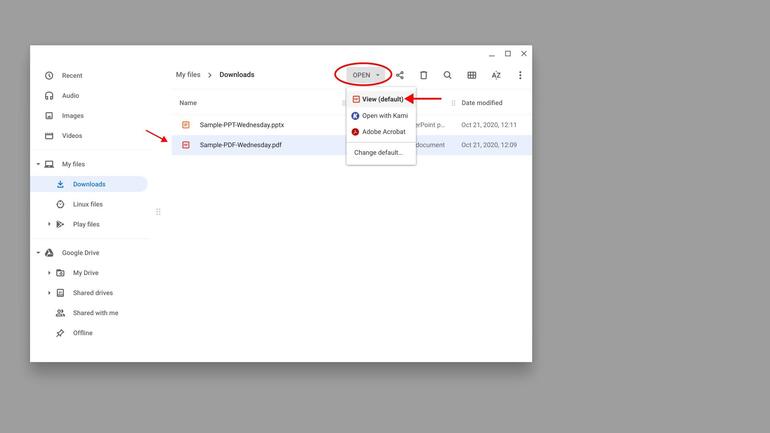 Screenshot of Chromebook Files app, with PDF selected, and Open menu drop-down with built-in View option highlighted.