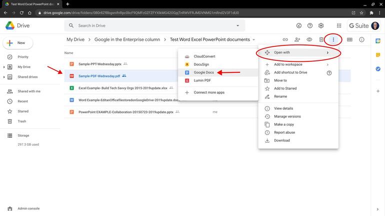 Screenshot of Google Drive with PDF selected, and Open with menu displayed, and Google Doc option about to be selected.