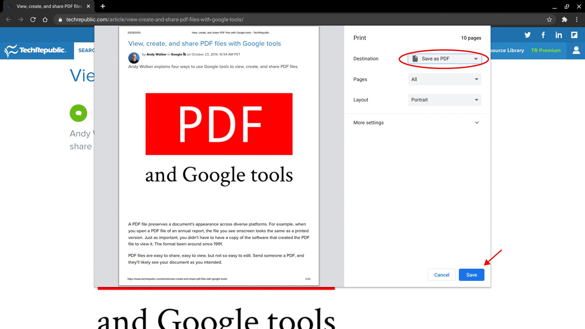 GIF alternating between Chrome three-dot menu with Print option, and the print details with the Save as PDF option displayed.