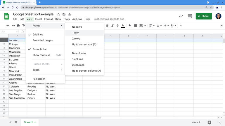 Screenshot of a Google Sheet with View | Freeze | 1 row option highlighted, just before selection.