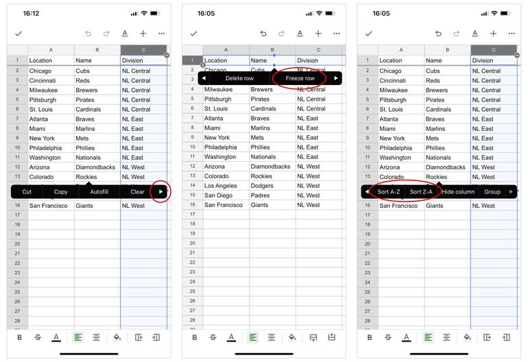 Three screenshots from the Google Sheets iOS app: (left) show menu after a two taps on Row 1, with "Cut, Copy, Autofill, Clear" and right-pointing triangle displayed and circled, (middle) Shows Row 1 selected with Freeze row option circled, (right) Shows Column C selected with Sort A-Z and Sort Z-A options circled.
