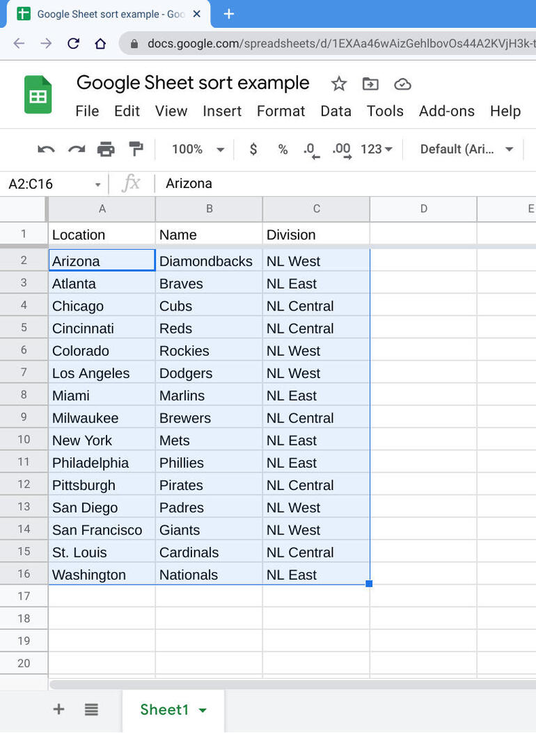 Screenshot of Google Sheet, shows cells A2 to C16 selected, with a header row of Location, Name, and Division. Cell contents are the location, name, and division of National League baseball teams (e.g., Arizona, Diamondbacks, NL West, etc.).