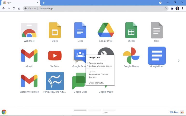 Screenshot of chrome://apps with Google Chat with Start app when you sign in and Open as window options both selected.