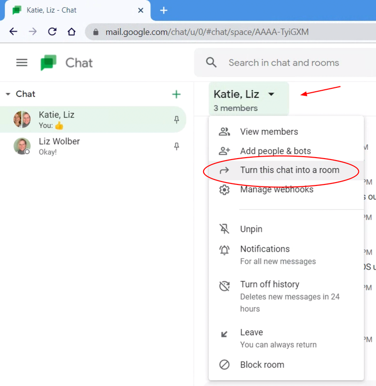 Screenshot of title of a chat selected, with menu option "Turn this chat into a room" circled in red.