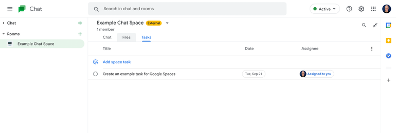 Screenshot of an example chat space, with the task tab selected and a task, "Create an example task for Google Spaces" with a due date (Sept 21) and assigned person (the author).