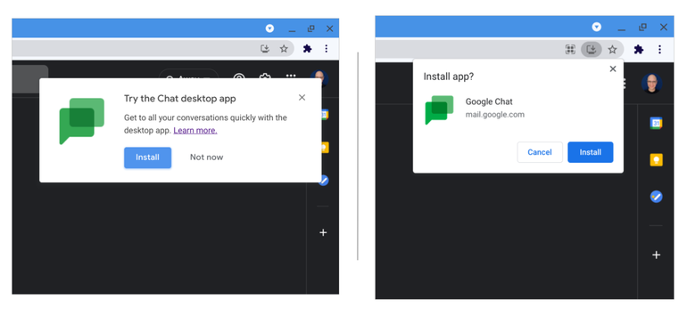 Two screenshots: (left) "Try the Chat desktop app" prompt with an Install button, and (right) Computer icon in omnibox selected, with "Install app?" prompt and Install button.