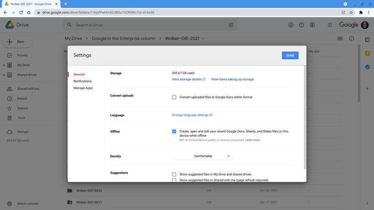Screenshot of the Google Drive | Settings | General | Offline with checkbox next to "Create, open, and edit your recent Google Docs, Sheets, and Slides files on this device while offline" selected.