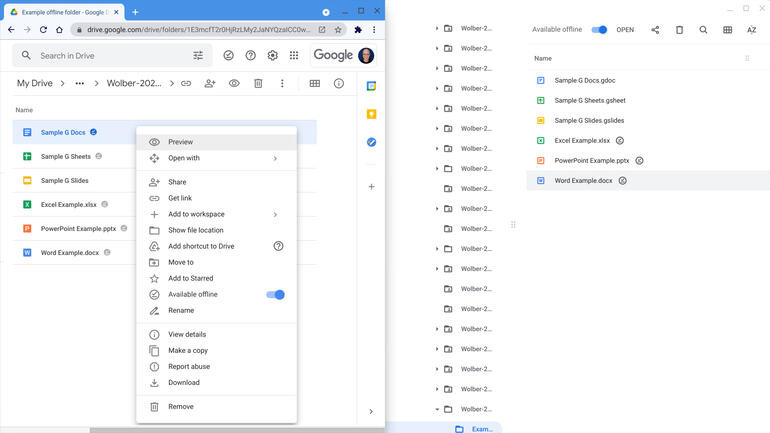 Screenshot of Google Drive, with 5 of 6 files in a folder available offline (left) and right-clicked menu that displays the "Available offline" slider, and (right) 6 files in the same folder on the right, with Available offline indicated in the settings at the top.