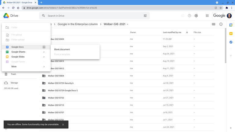 Screenshot of Google Drive with +New selected, and Google Docs | Blank document menu option displayed.