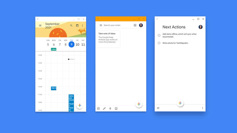 Screenshot of Calendar (left), Keep (middle) and Tasks (right) Android apps installed and active on a Chromebook.