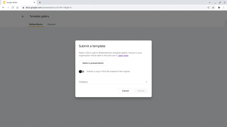 Screenshot of the Submit a template box that appears, with Select a presentation (button), Submit a copy of this file instead of the original (slider) and Category (drop-down menu) options.