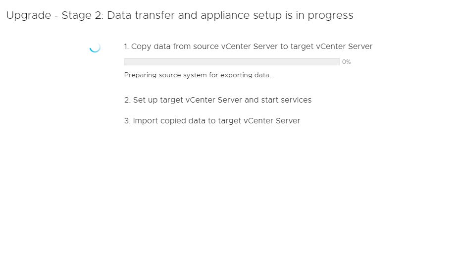 Machine generated alternative text:
Upgrade Stage 2: Data transfer and appliance setup is in progress 1. Copy data trom source vCenter Server to target vCenter Server Preparing source system for exporting dete._. 2. Set up target vCenter Server and start services 3. Import copied data to target vCenter Server 