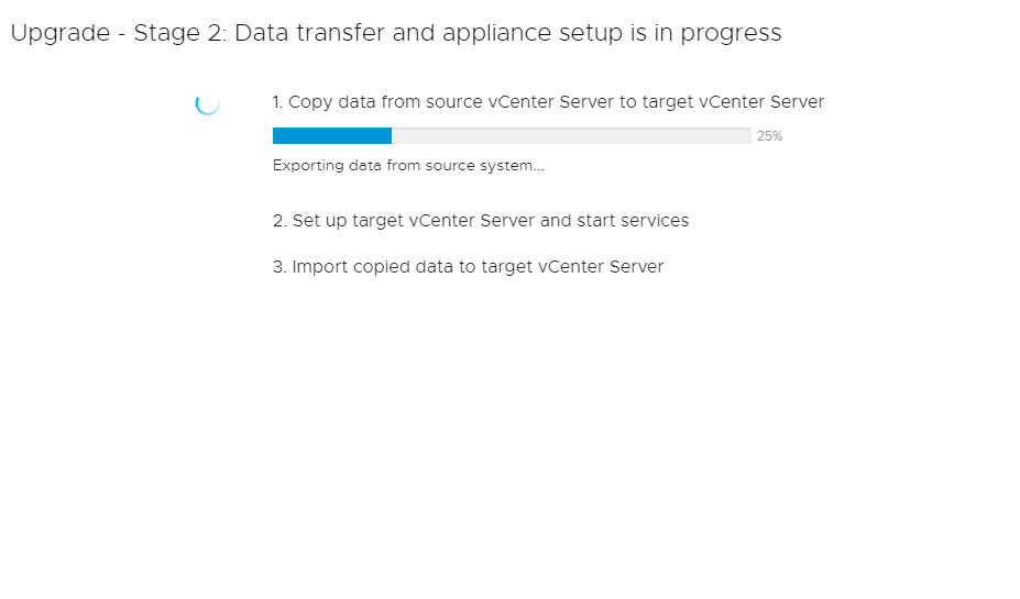 Machine generated alternative text:
Upgrade Stage 2: Data transfer and appliance setup is in progress 1. Copy data trom source vCenter Server to target vCenter Server E xporting dete from source system_._ 2. Set up target vCenter Server and start services 3. Import copied data to target vCenter Server 