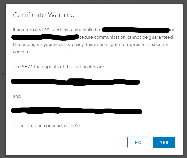 Machine generated alternative text:
Certificate Warning If an untrusted SSL certificate is installed on dalprdesxvic02.freemanco.com or dalprdesxvicol.freemanco_com, secure communication cannot be guaranteed. Depending on your security policy, this issue might not represent a security concern. The SHAI thumbprints of the certificates are: and To accept and continue, click Yes YES 
