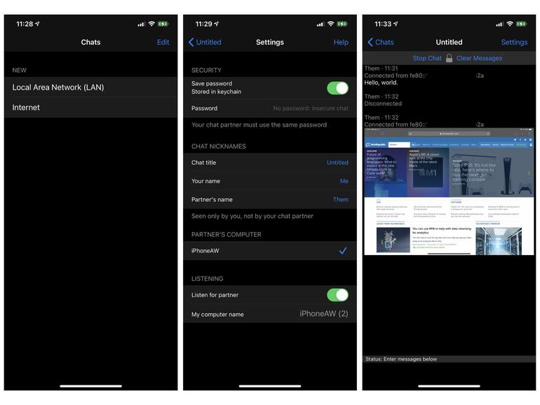 Screenshots from iPhone, showing Local Area Network (LAN) option (left), chat configuration settings (middle), and text and an image in chat (right).
