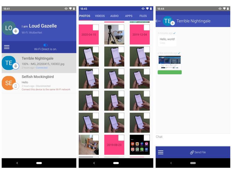 Android phone screenshots: (left) Three devices (randomly named Loud Gazelle, Terrible Nightingale, and Selfish Mockingbird); (middle) item sharing options, with photos displayed; (right) shared chat with a screenshot from TechRepublic sent.