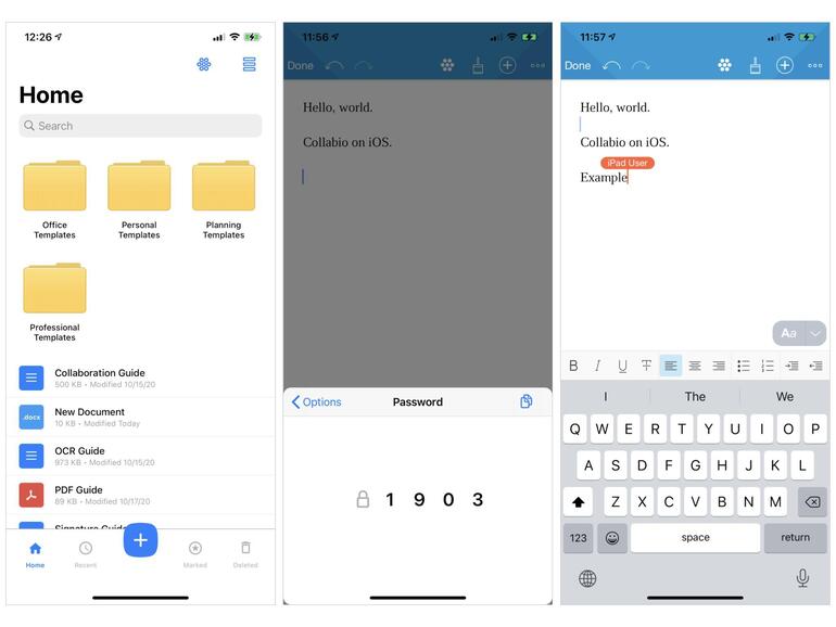 Three screenshots (iPhone): (left) folders and file list shown, with option to add new, (middle) 1903 passcode displayed to activate sharing, (right) Text, with indicator "iPad" in middle of new word to show real-time collaboration.
