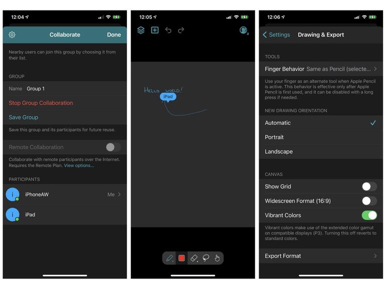 Three screenshots from iPhone: (left) initial invitation, where detected devices may be added to your group, (middle) screen with line being drawn with device name indicated, e.g., "iPad", and (right) customizable settings to change display size and orientation.