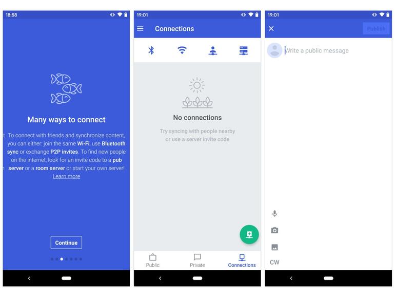 Three screenshots from Manyverse on Android: (left) introduction screen about support for local networks, including Wi-Fi and Bluetooth, (middle) dislay of connection options: Bluetooth, Wi-Fi, Internet peer-to-peer, and Internet server, and (right) blank page ready for a message/post to be entered.