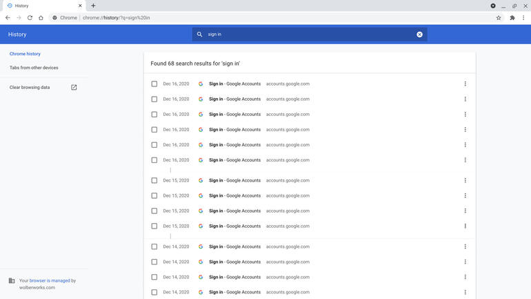 Screenshot of Chrome history, with search active to show only items with "sign in" on the page.