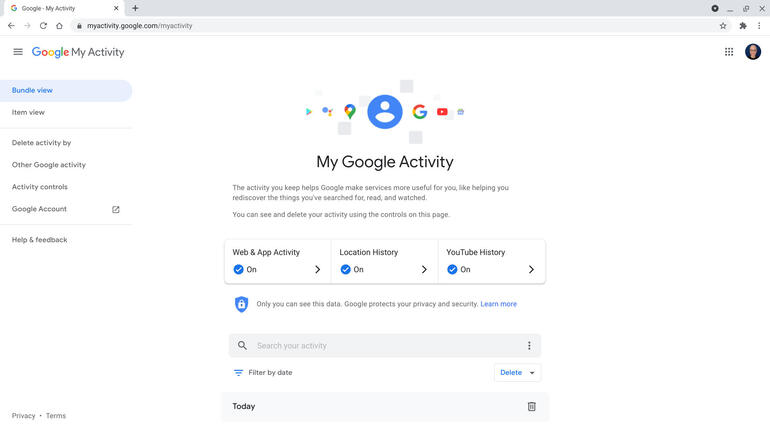 Screenshot of "My Google Activity" page displays recent activity for web sites, YouTube video plays, and other activity.