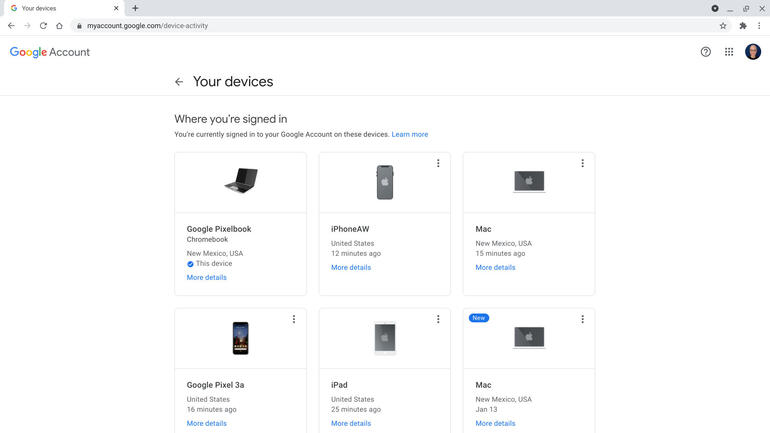 Screenshot shows "Your devices" with 6 different items: Pixelbook, iPhone, Android phone, iPad, and 2 macOS laptops, with recent activity dates also displayed.