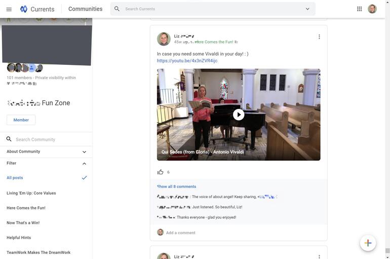 Screenshot from a non-profit organization's Currents stream, with a post by a staff member with a video of the person performing a song by Vivaldi.
