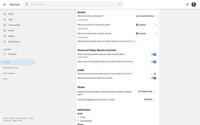 Screenshot of Google Currents | Settings that displays various notification and engagement options.