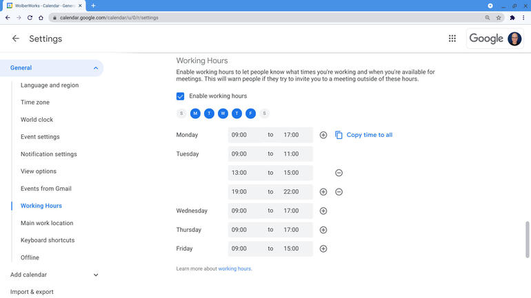 Screenshot of Working hours, shows non-contiguous hours on Tuesdays, from 9:00 to 11:00, 13:00 to 15:00, and 19:00 to 22:00.