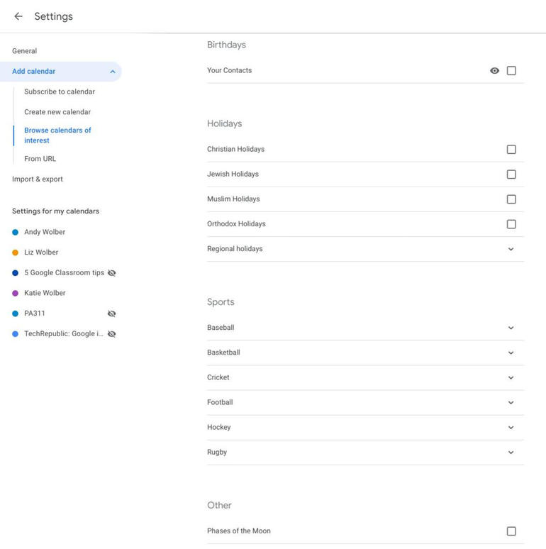 Screenshot of the Google-provided calendar, with Christian, Jewish, Muslim, Orthodox, and Regional holidays listed, along with Baseball, Basketball, Cricket, Football, Hockey, Rugs, and Phases of the moon, and, of course, birthdays.