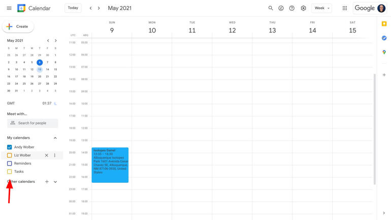 Andy Wolber's Google Calendar selected, with three other calendars unchecked and not displayed.