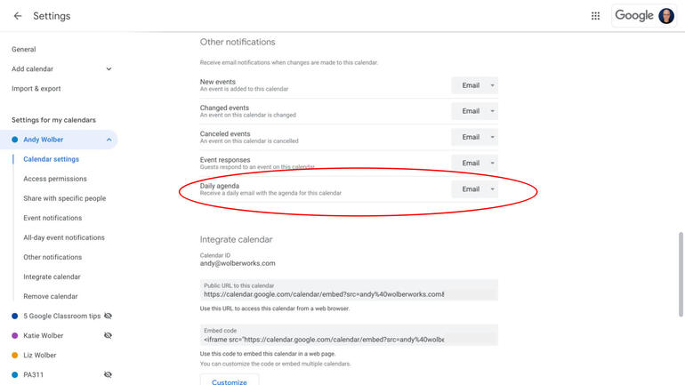 Screenshot of Google Calendar other notifications section, with Daily agenda: Receive a daily email with the agenda for this calendar set to Email (as opposed to None).