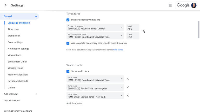 Screenshot of the Google Calendar Time zone and World clock settings. Time zone set to show Mountain Time and UTC. World clock configured to show UTC, Pacific Time, and Eastern Time.