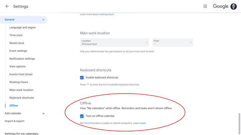 Screenshot of Google Calendar Offline settings, with Turn on offline calendar checked.