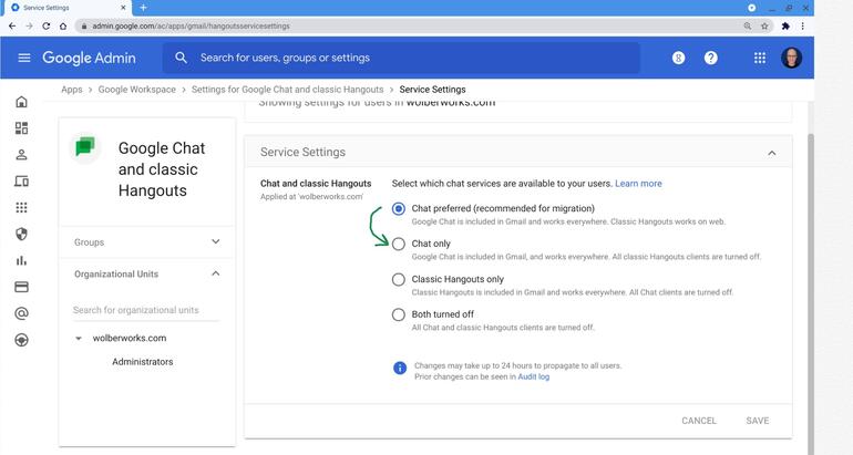 Screenshot of Google Chat and classic Hangouts service settings. Shows "Chat preferred" option selected, with a hand-drawn arrow pointing from that setting to the option below it, "Chat only".